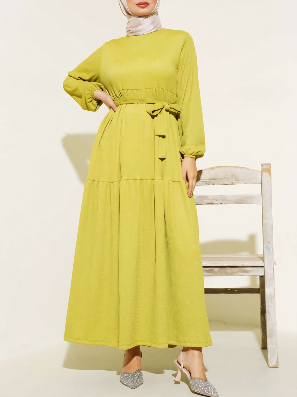Modest Ruffled Tiered Belted Maxi Dress – Oil Yellow